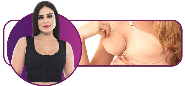 mulher a esquerda usando sutia pos retirada de mama preto e a direita pessoa colocando protese pos retirada de mama